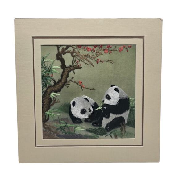 Vintage Chinese Hand Embroidered Matted Silk Asian Art Panda Cherry Blossom Tree - Picture 1 of 7